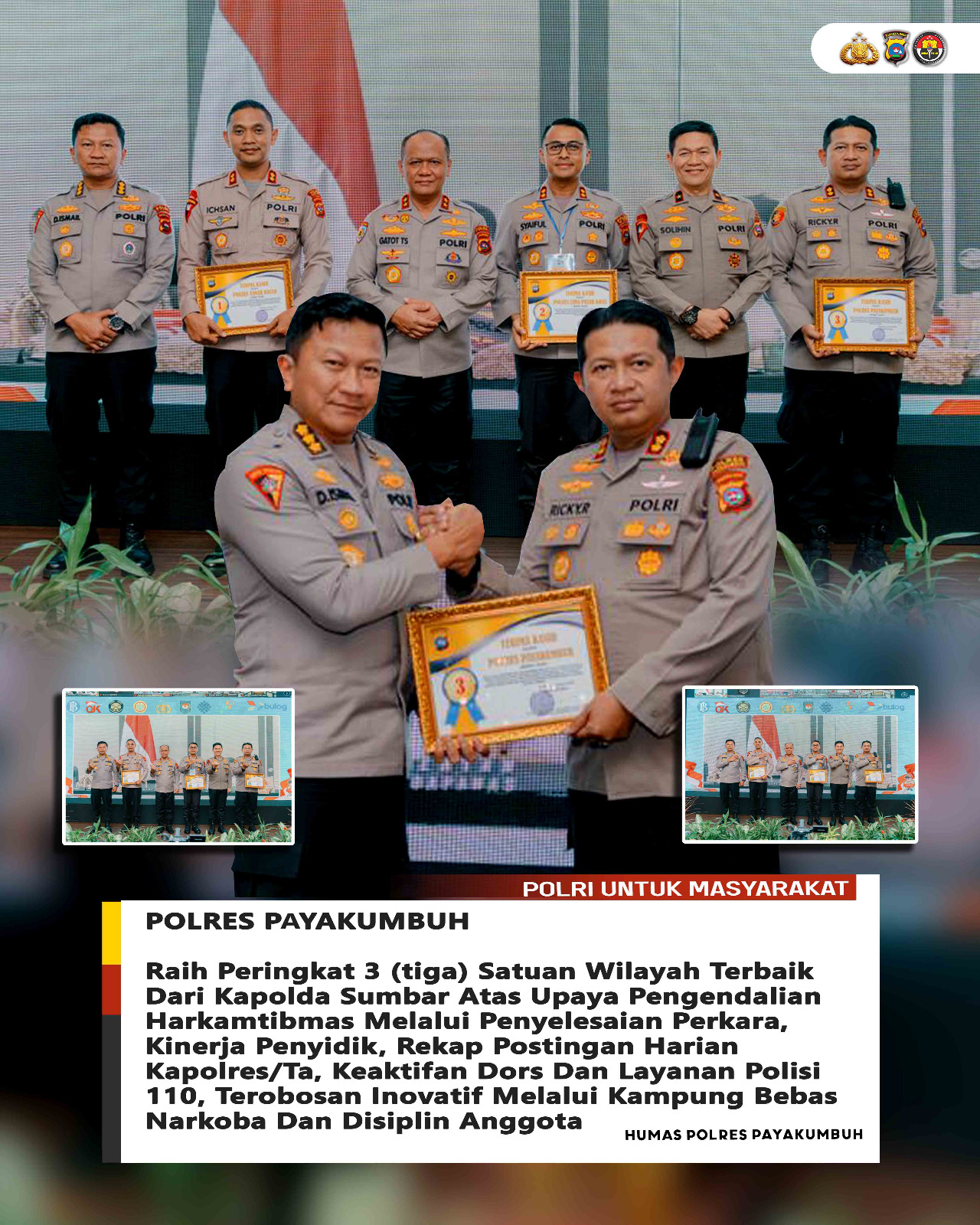 PRESTASI MEMUKAU, POLRES PAYAKUMBUH RAIH PERINGKAT 3 KINERJA TERBAIK JAJARAN POLDA SUMBAR